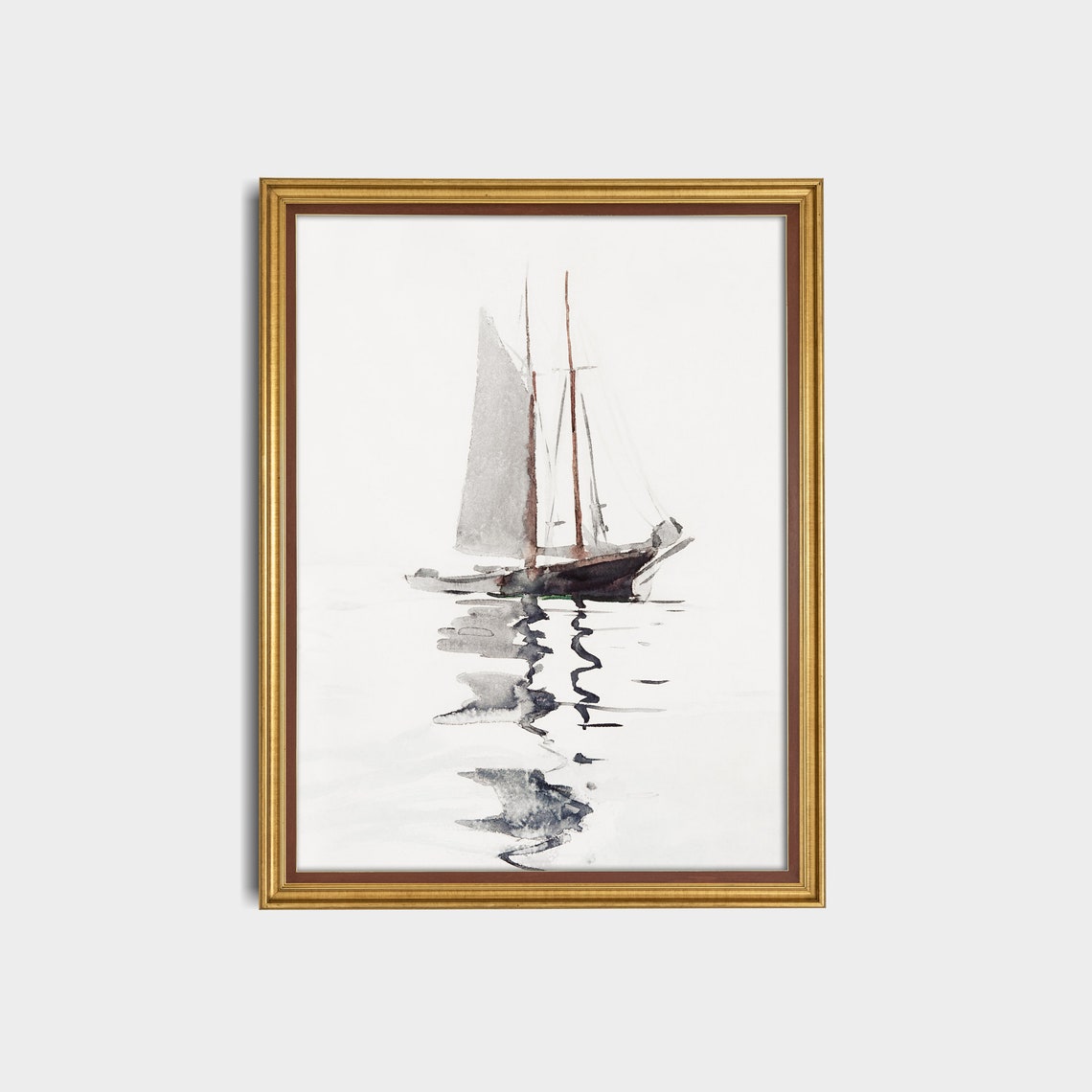 Lone Sailboat Reflection Minimalist Watercolor Painting Poster - Image 3