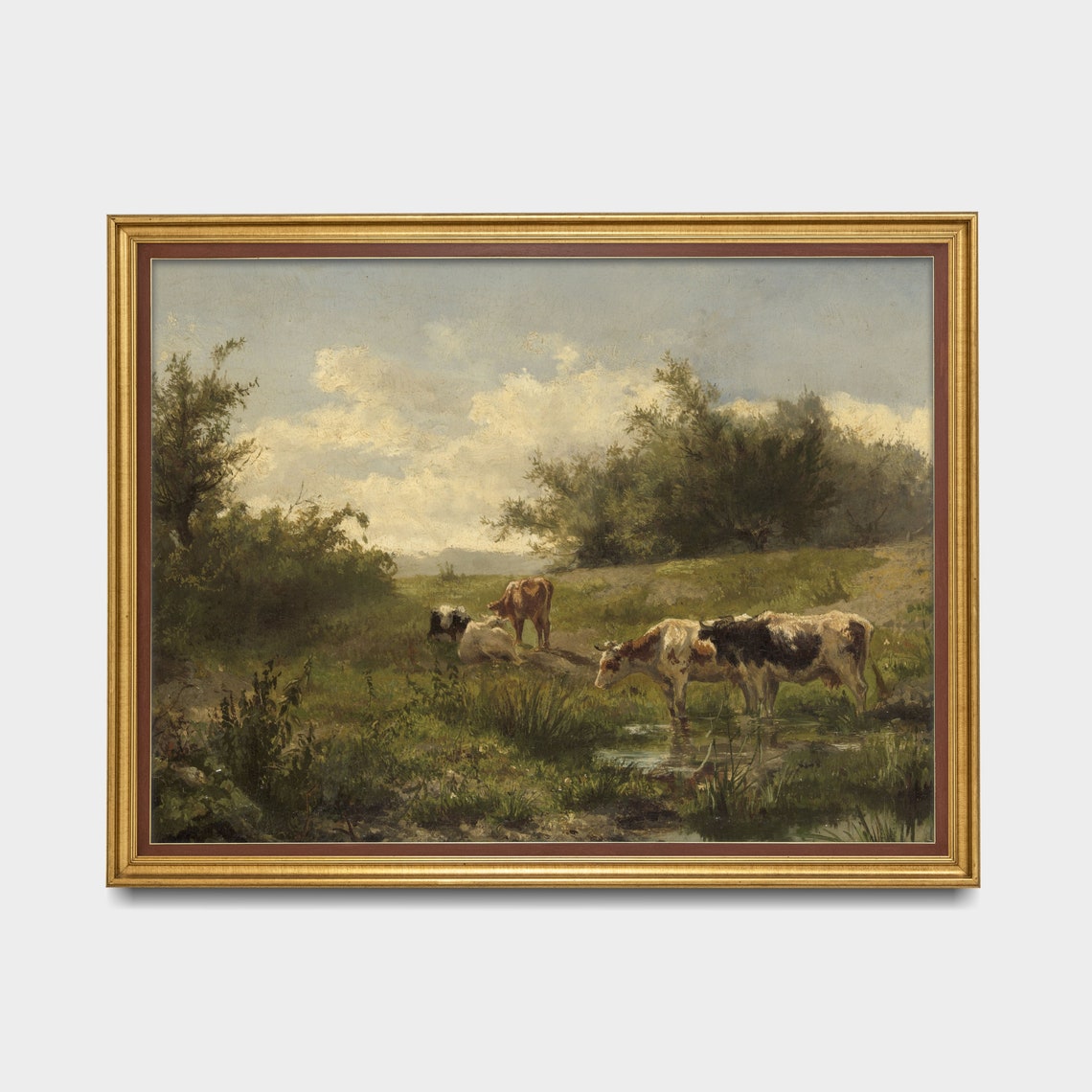 Cattle Drinking at a Stream in a Green Pasture Antique Print - Image 3