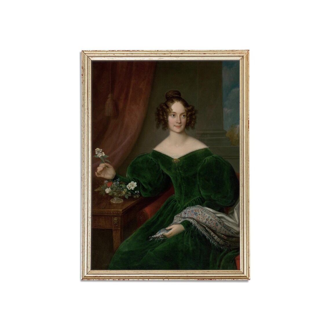 Young Woman in a Green Velvet Dress Holding Flowers Portrait Poster - Image 2