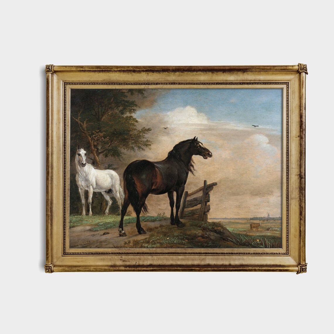 Dark Bay and White Horses Vintage Meadow Equestrian Painting Poster - Image 4