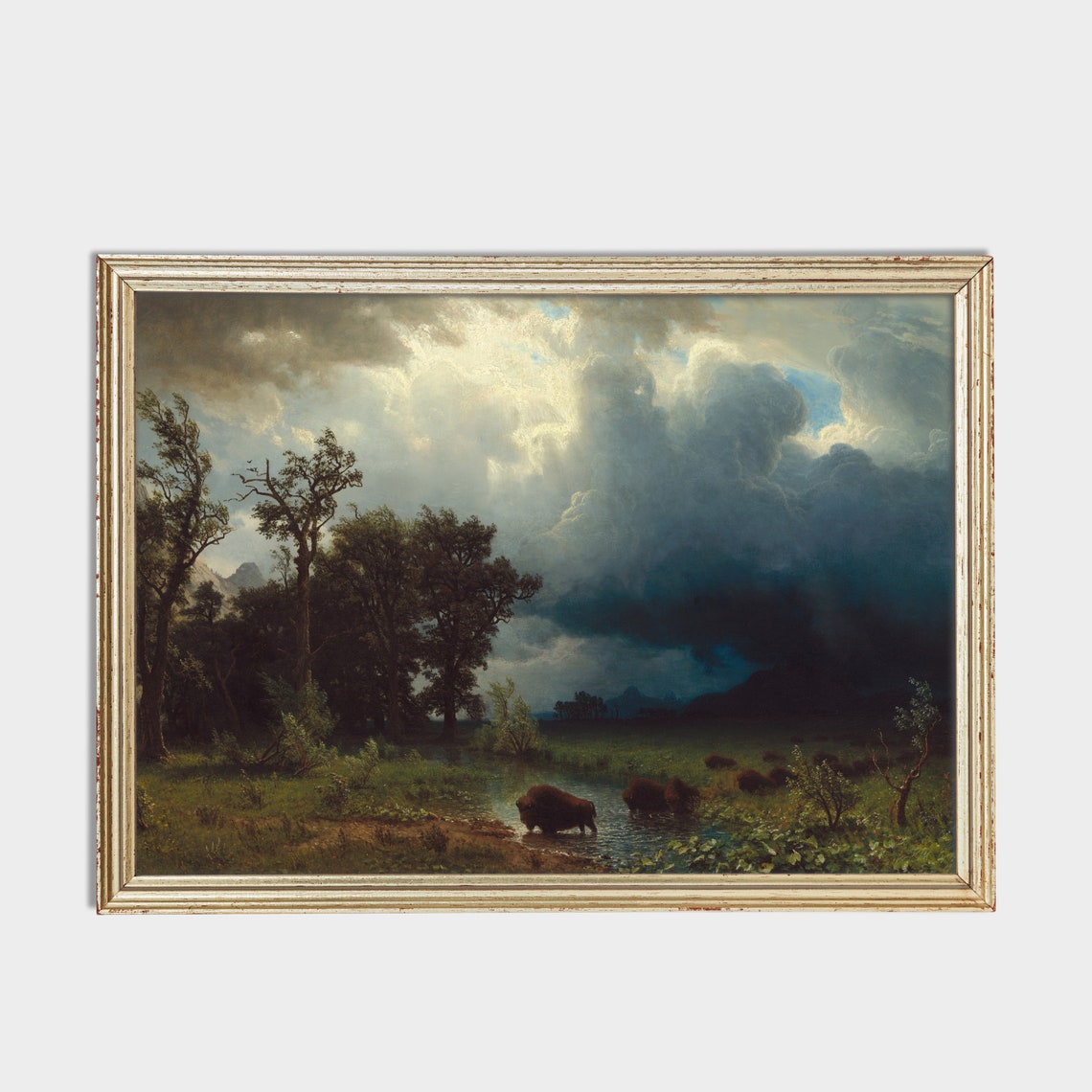 Buffalo at a Watering Hole Under Storm Clouds Vintage Art Poster - Image 2