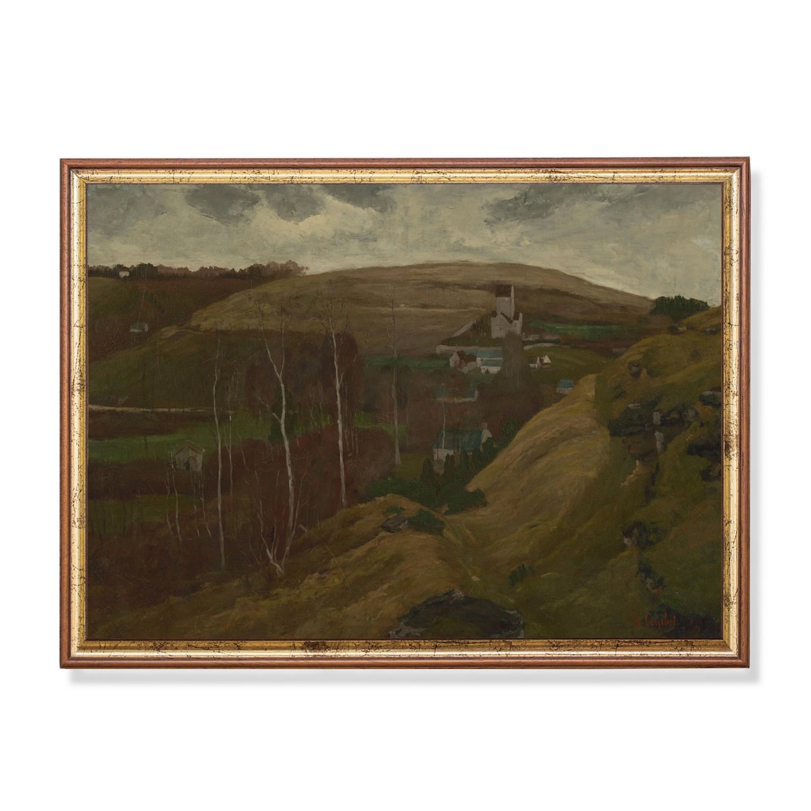 Rolling Hills Village Church Spire Antique Landscape Painting Poster