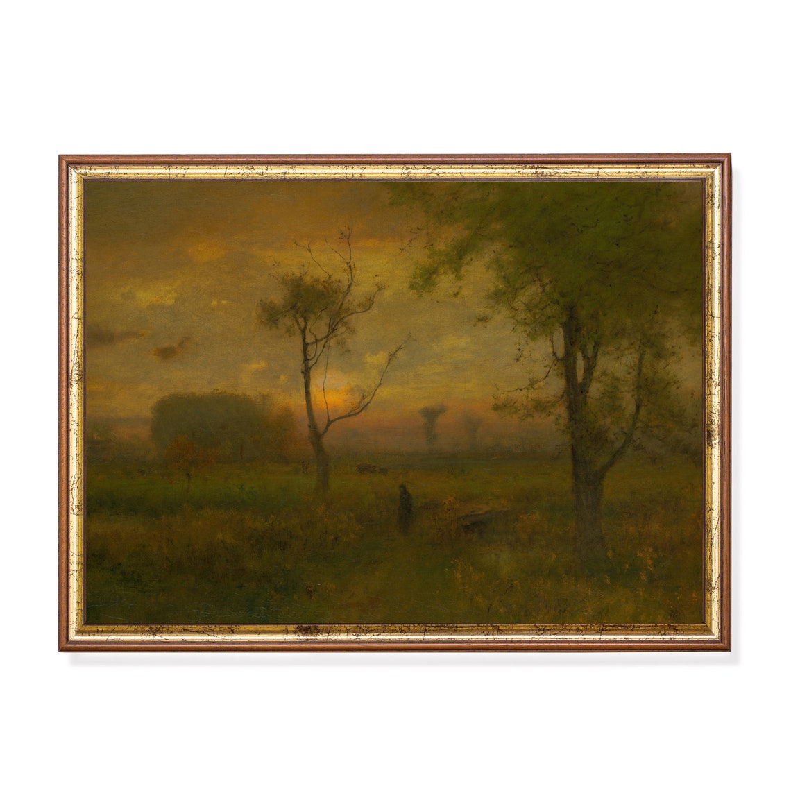Golden Sunset Over a Meadow With a Lone Figure Vintage Poster
