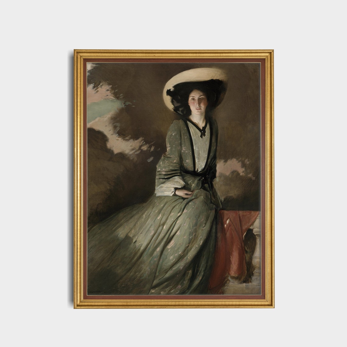 Vintage Woman in Hat Portrait Green Gown Antique Elegant Wall Art - Image 4