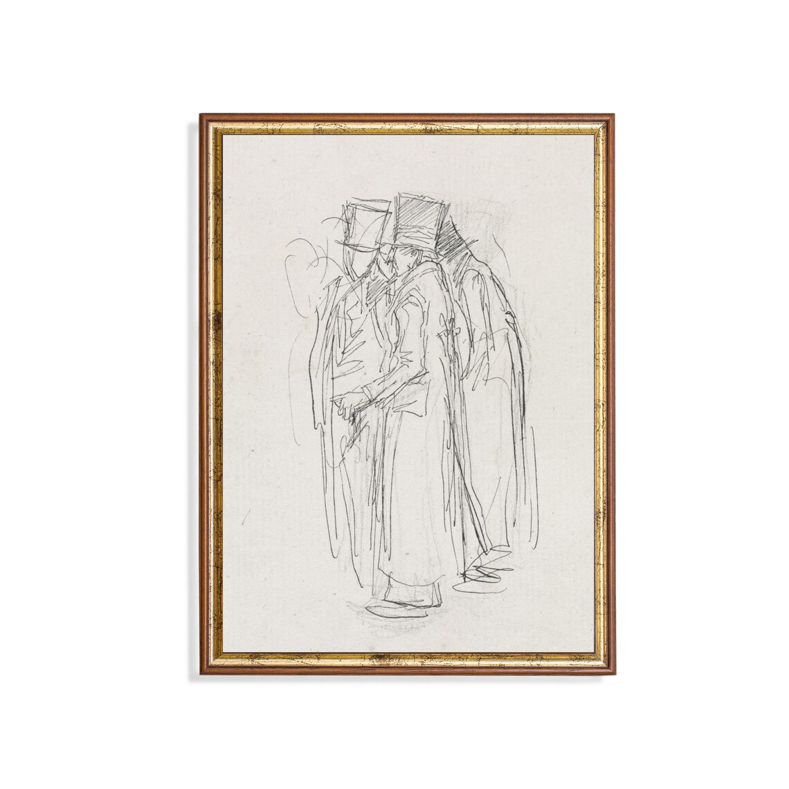 Gentlemen in Top Hats Strolling Vintage Ink Sketch Artwork Poster