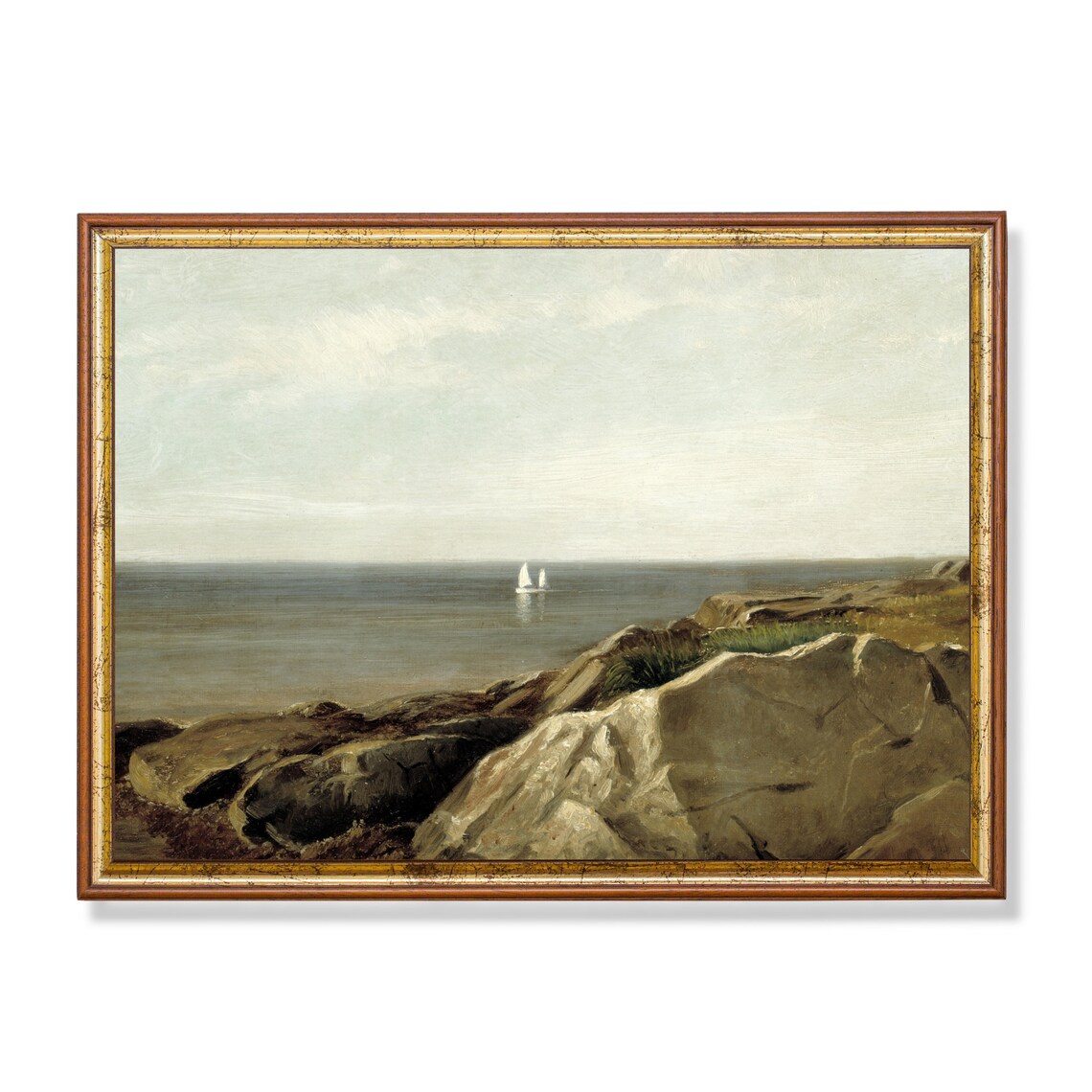 Rocky Coast with a Distant Sailboat Vintage Seascape Art Poster