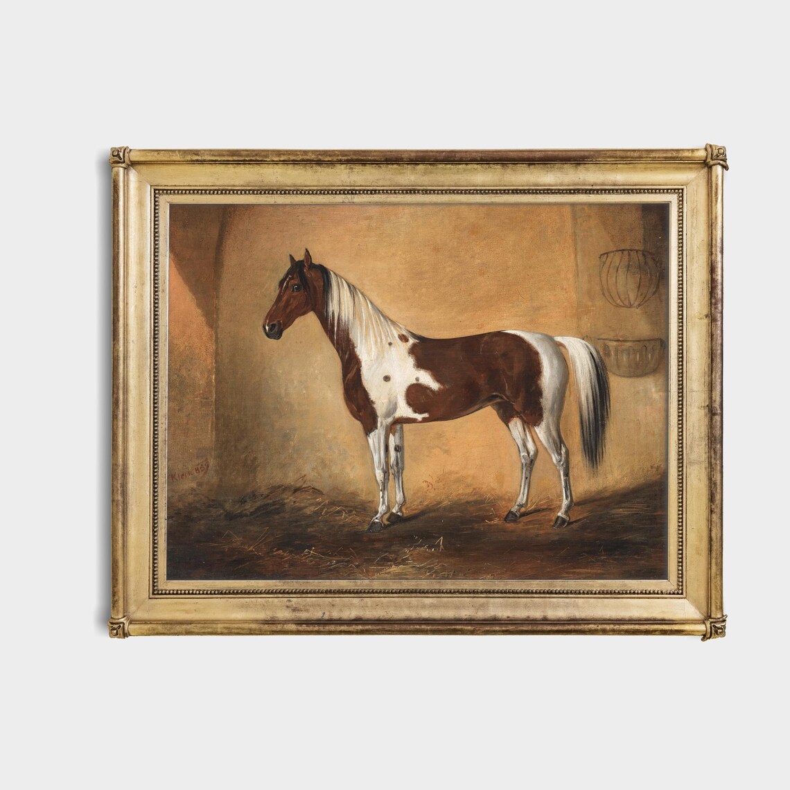 Brown and White Pinto Horse Standing in a Stable Vintage Poster - Image 4