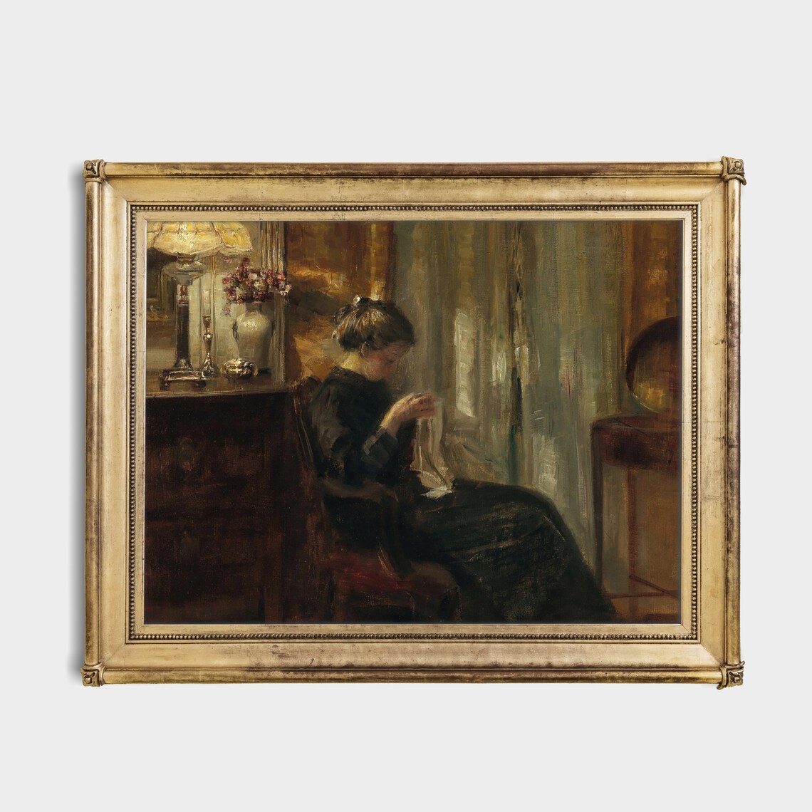 Woman Sewing by Lamplight in a Dim Interior Vintage Oil Painting Poster - Image 2