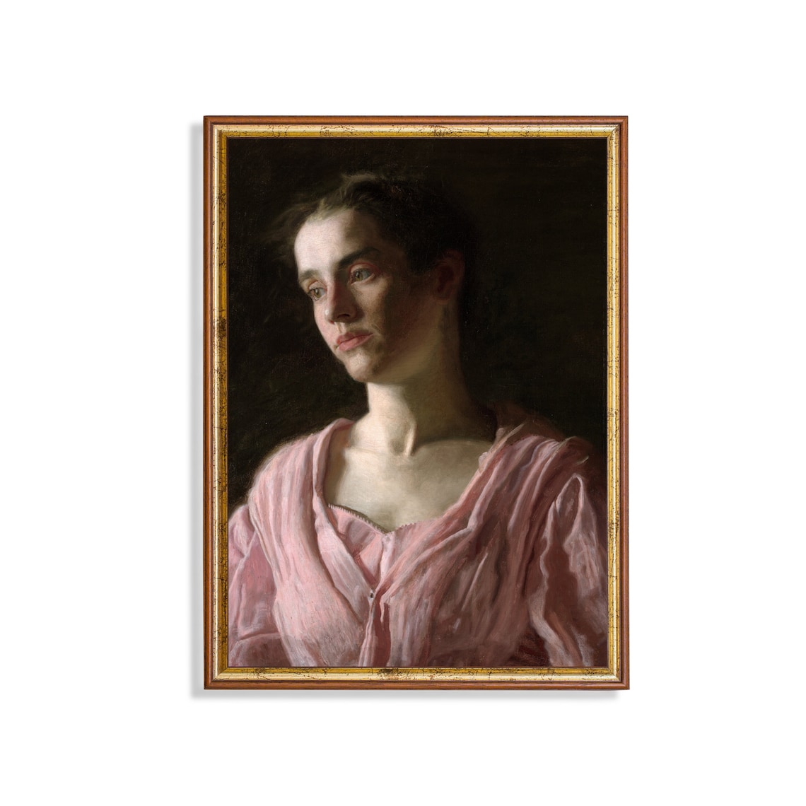 Moody Woman Portrait in a Pink Blouse on a Dark Background Poster