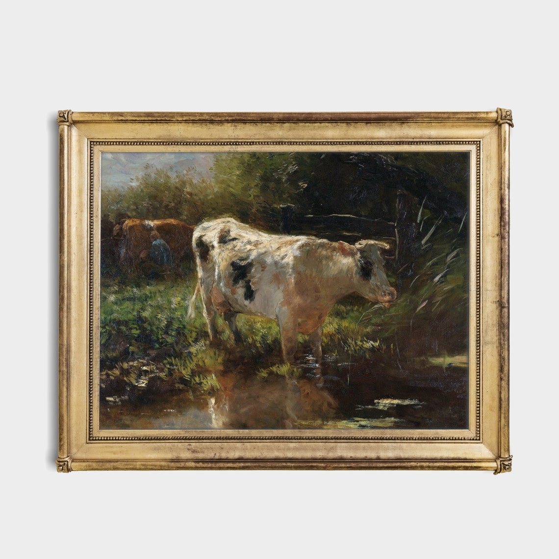 Spotted White Cow Drinking At Woodland Stream Vintage Art Poster - Image 2