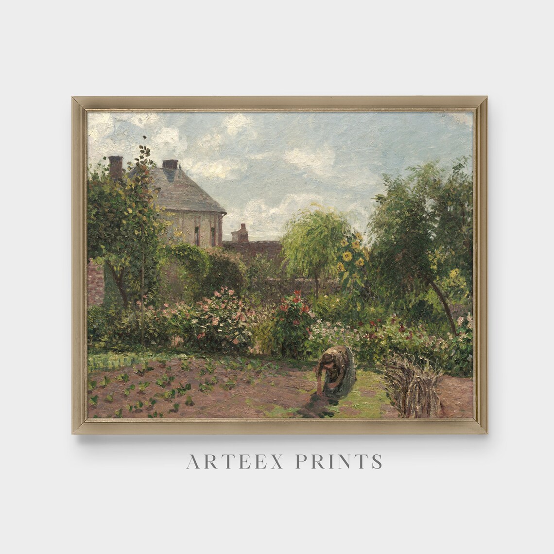 Cottage Garden with Gardener Antique Summer Oil Painting Poster - Image 5