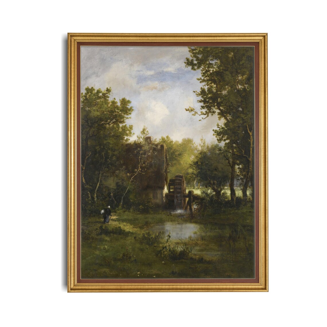Old Watermill with Waterwheel by a Pond Antique Country Poster - Image 3