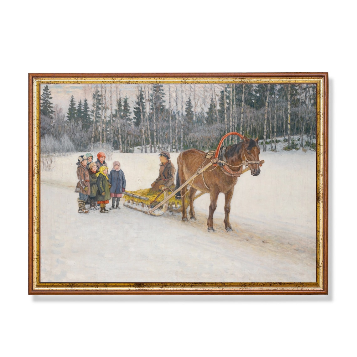 Sleigh Ride With Children, Vintage Winter Landscape Art Print