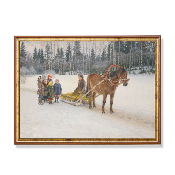 Sleigh Ride With Children, Vintage Winter Landscape Art Print