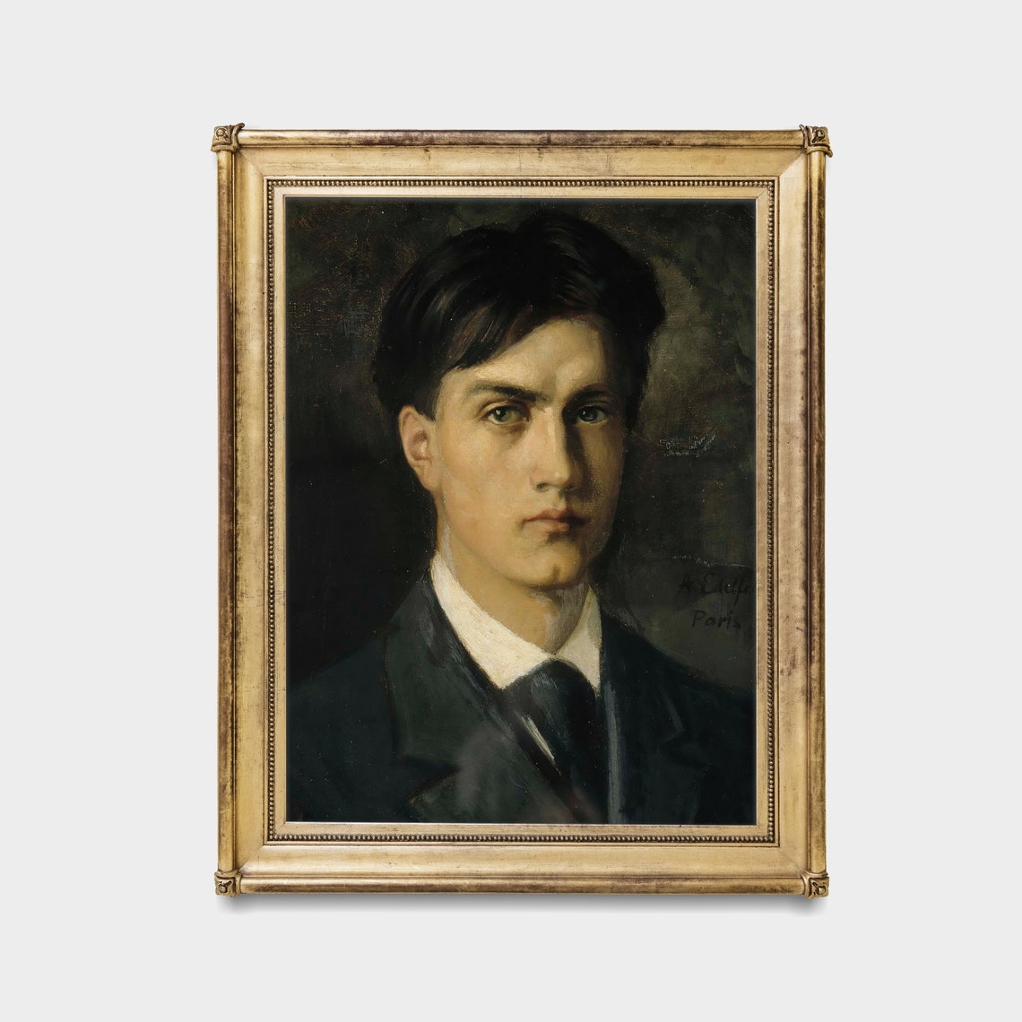 Young Dark-Haired Gentleman Signed Paris Antique Portrait Poster - Image 3