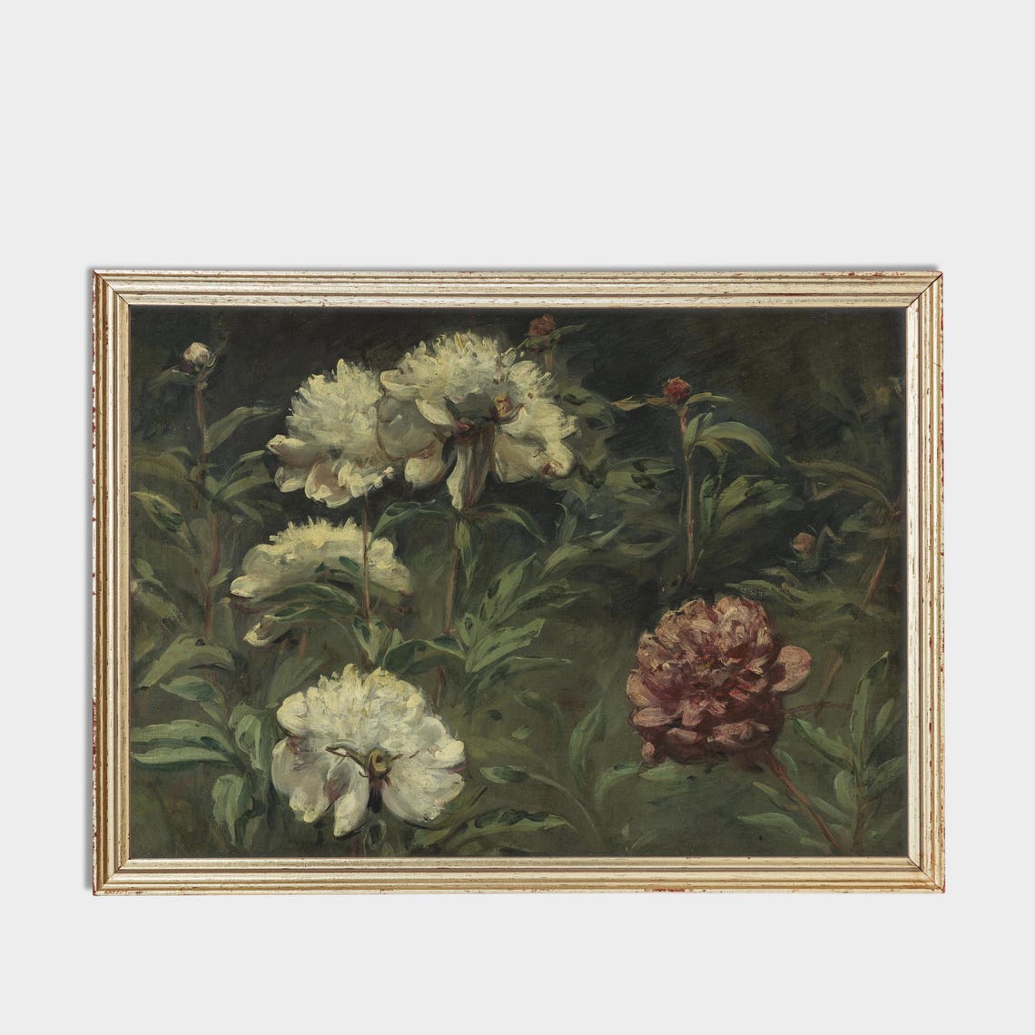 White and Red Peonies Garden Moody Vintage Floral Art Poster - Image 3
