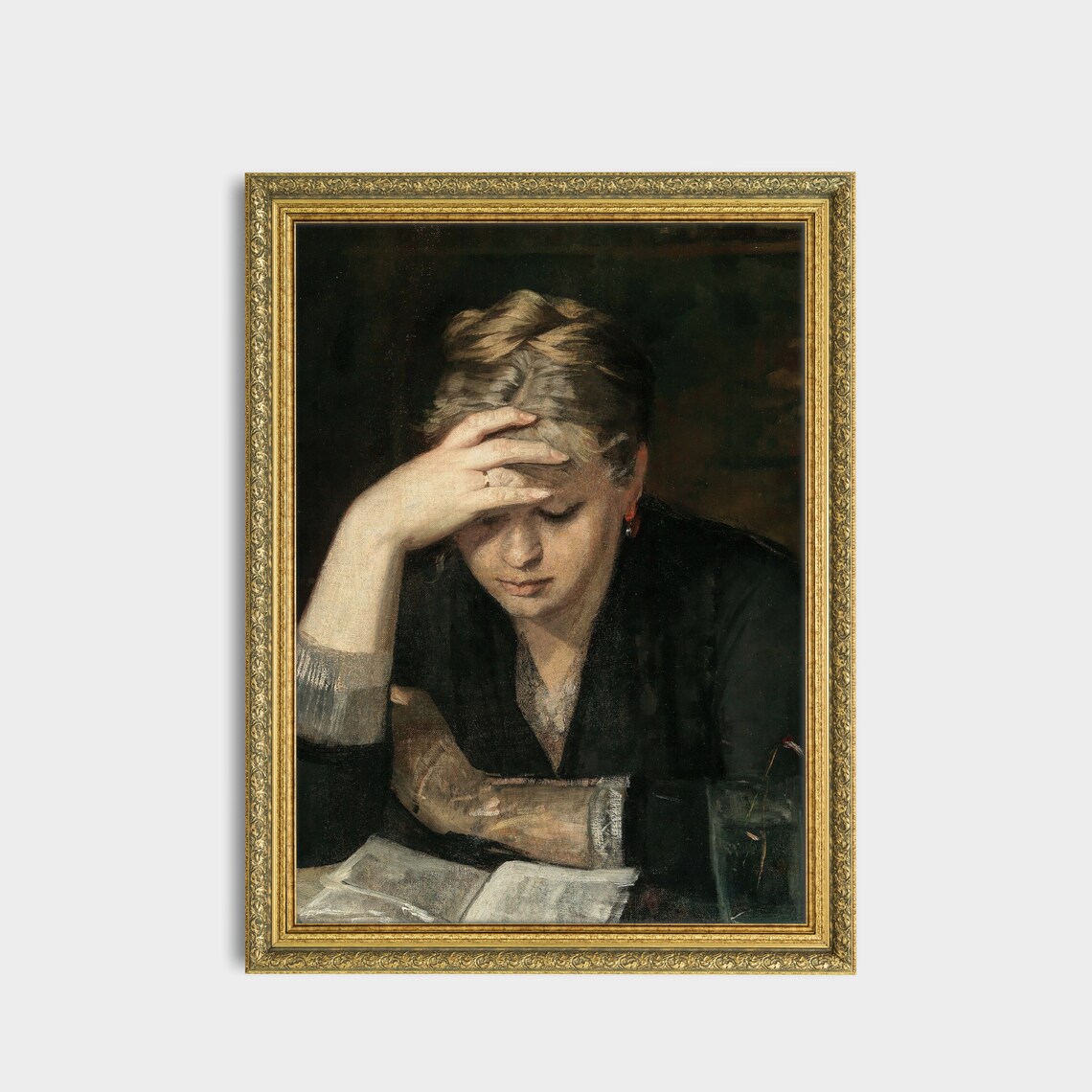 Contemplative Woman Reading a Book With Head in Hand Dark Vintage Poster - Image 3