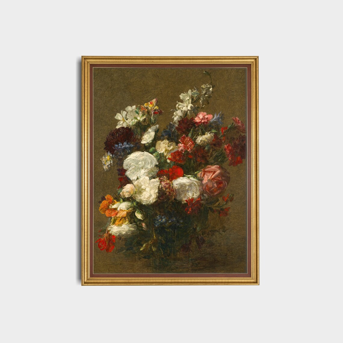 Loose Bouquet of Mixed Garden Flowers Roses on Dark Ground Oil Print - Image 2