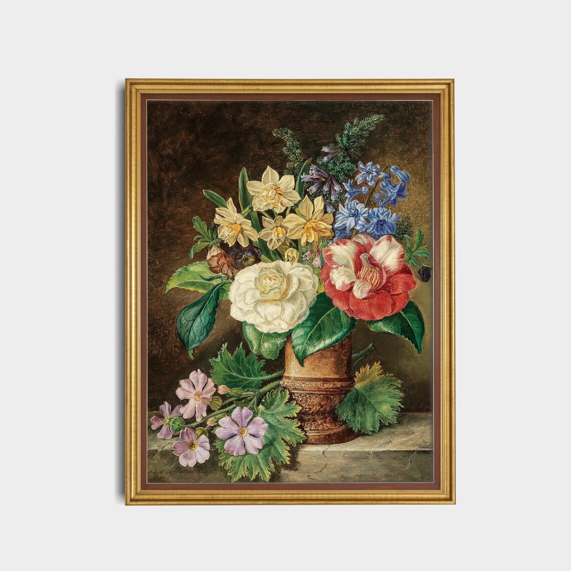 Camellias Daffodils and Bluebells in a Vase Still Life Poster - Image 4