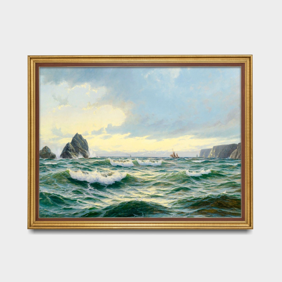 Rolling Ocean Waves Against Rocky Cliffs Vintage Seascape Poster - Image 3