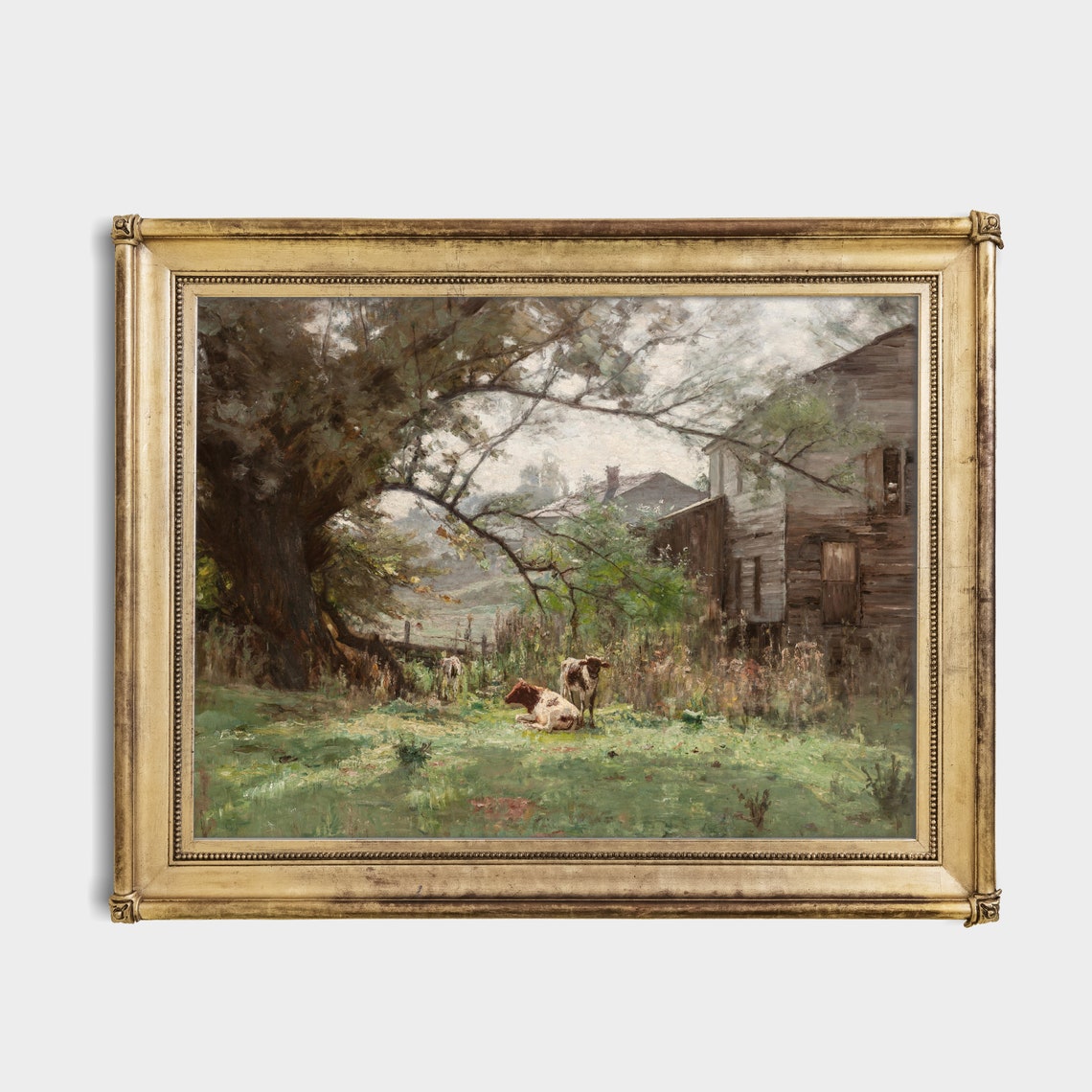 Cows Resting in a Farmyard by a Barn Beneath a Great Tree Poster - Image 4