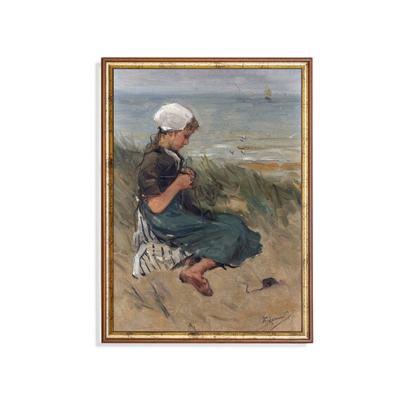 Young Girl Knitting by the Sea Shore Vintage Beach Portrait Poster