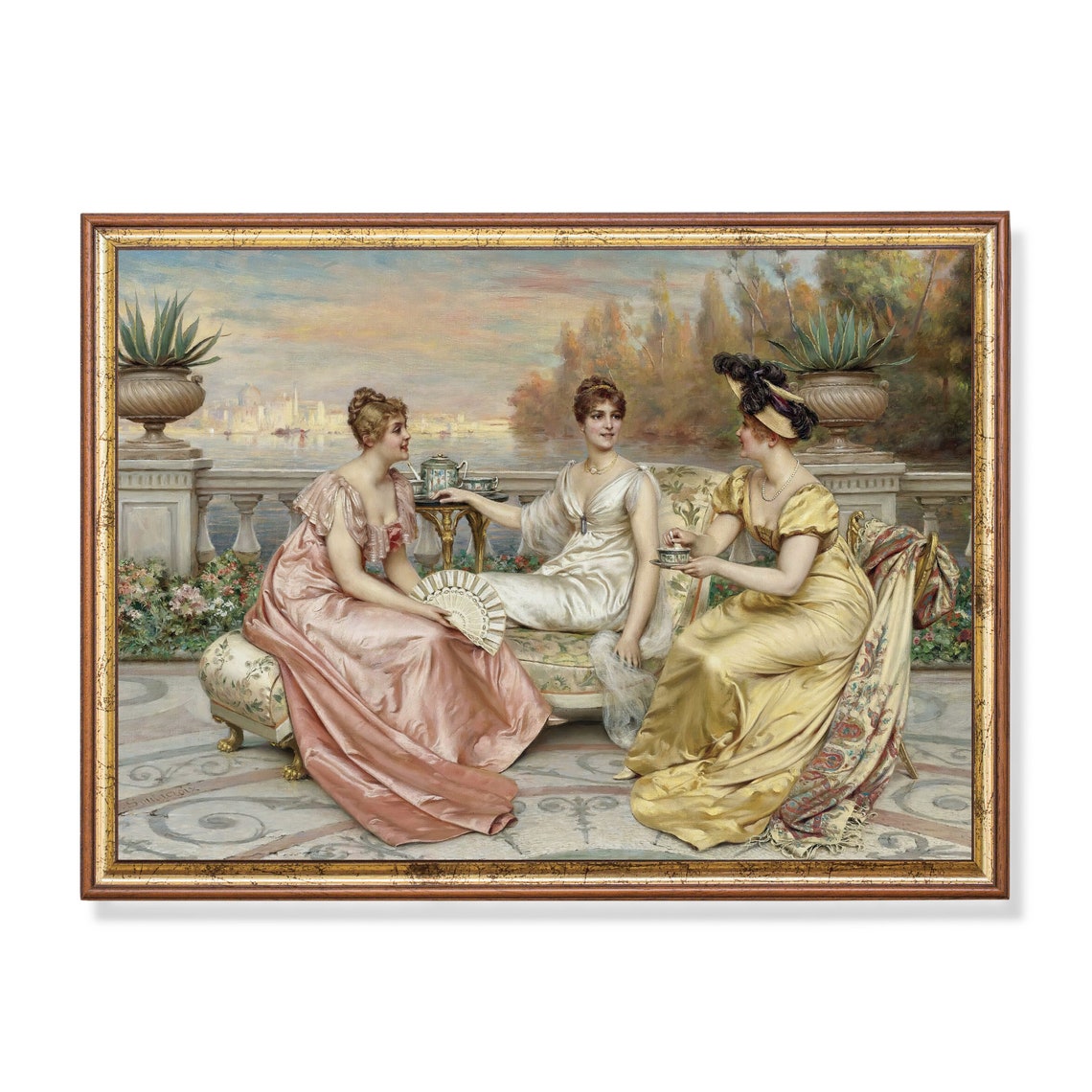 Three Elegant Women Enjoying Tea on a Terrace Vintage Painting Poster