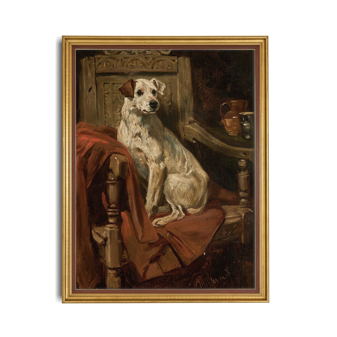 White Terrier Sitting On Carved Wooden Chair Vintage Dog Poster - Image 2