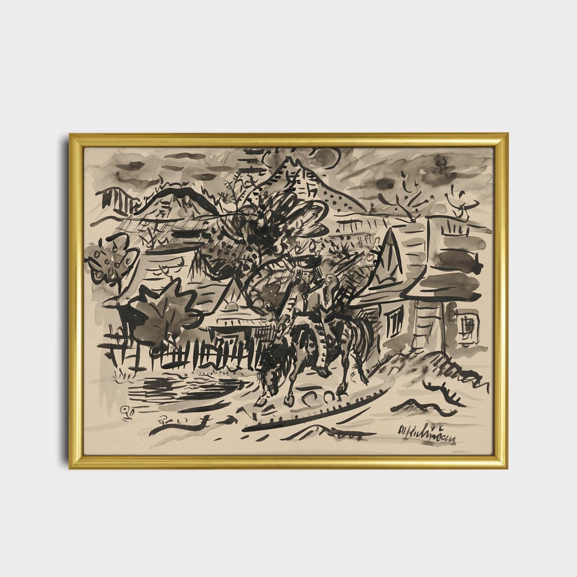 Mountain Village Ink Sketch with Horse Rider and Church Poster - Image 2