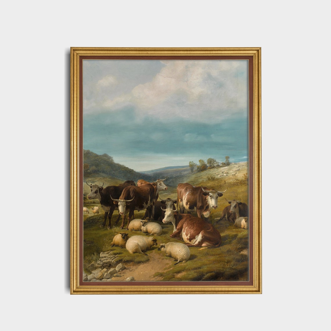 Herd of Cattle and Sheep Resting in a Rolling Green Pasture Poster - Image 5