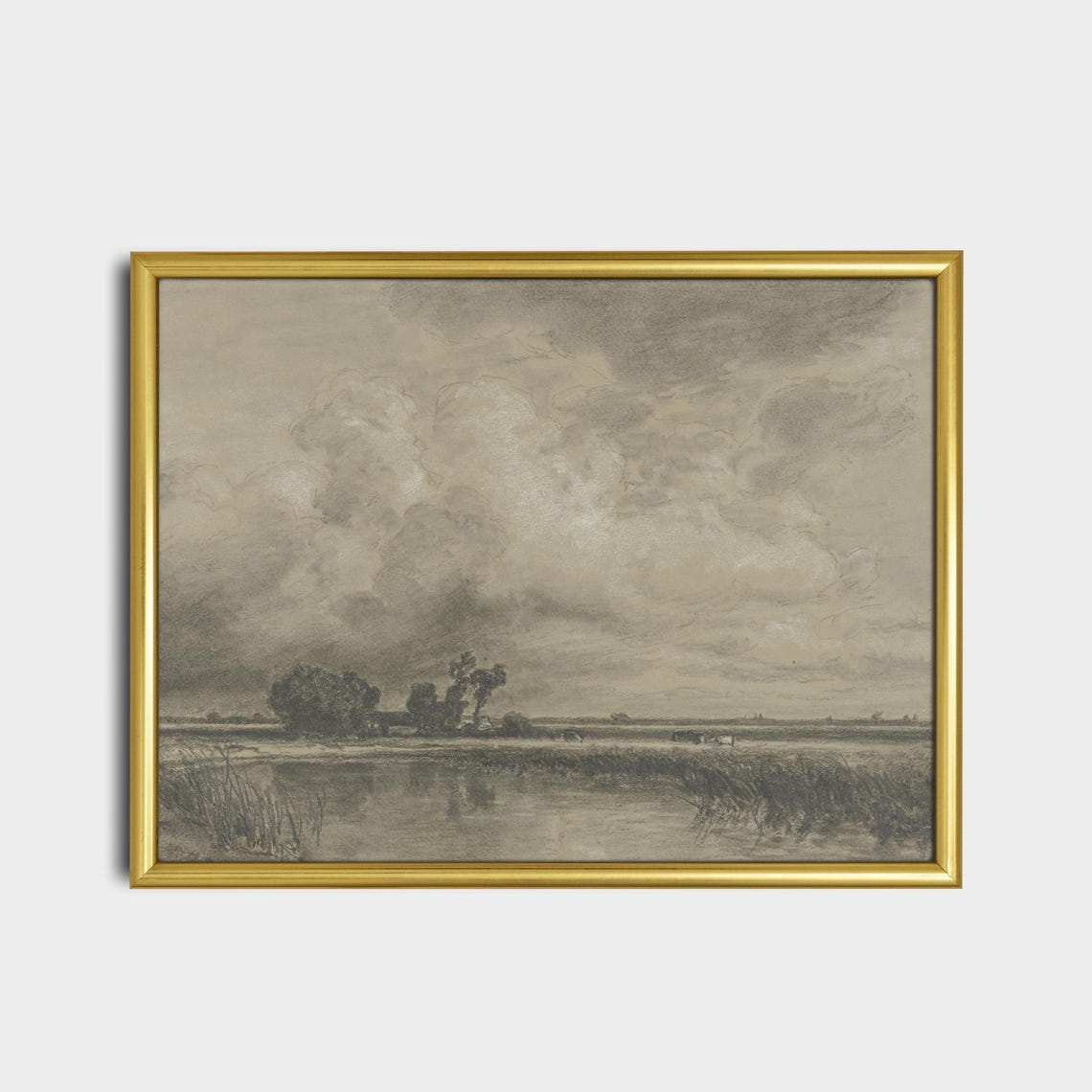 Monochrome River Landscape Sketch Dramatic Clouds Antique Art Poster - Image 2