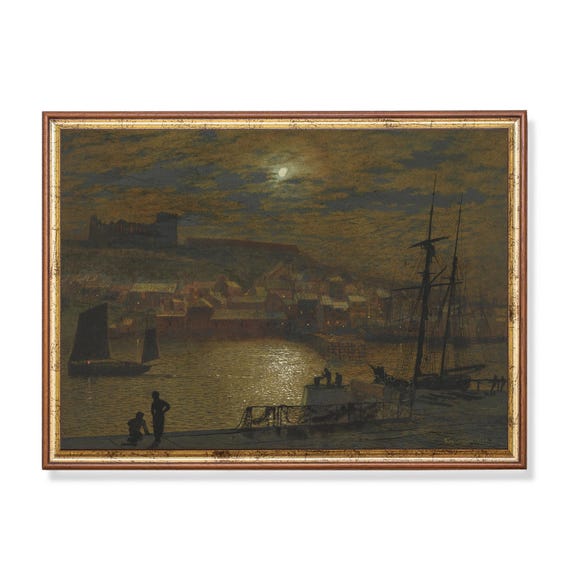 Printed And Shipped Sailboat Painting By Moonlight Moody Rustic Antique Print Seascape Vintage Art Nautical Decor Dark Academia