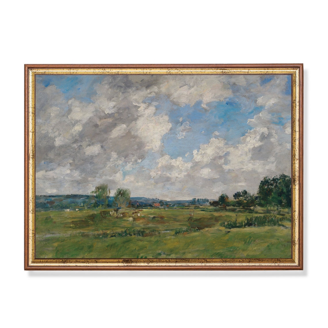 Green Pasture Under Dramatic Clouds Vintage Countryside Poster