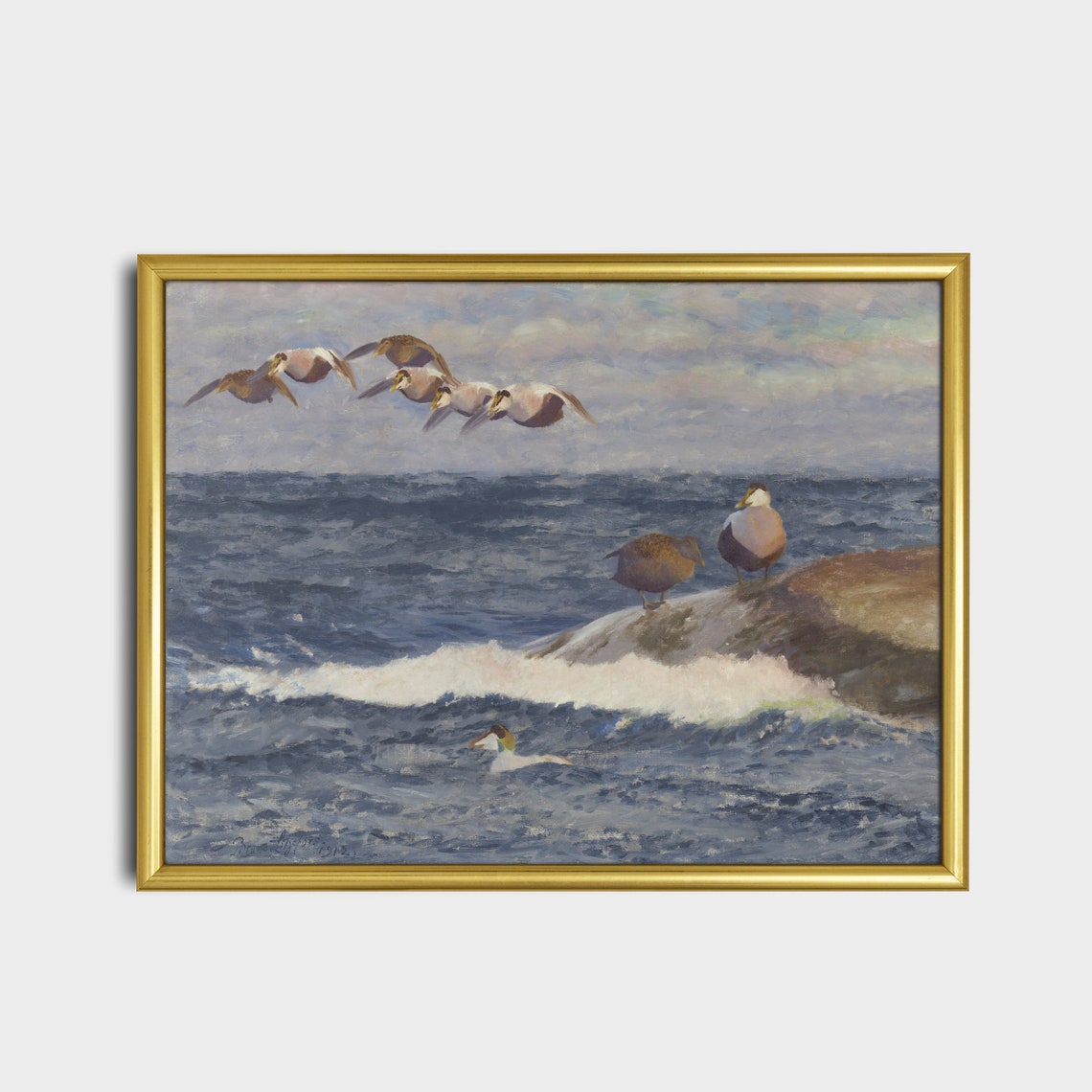 Eider Ducks Flying and Resting Over a Rough Sea Vintage Poster - Image 2
