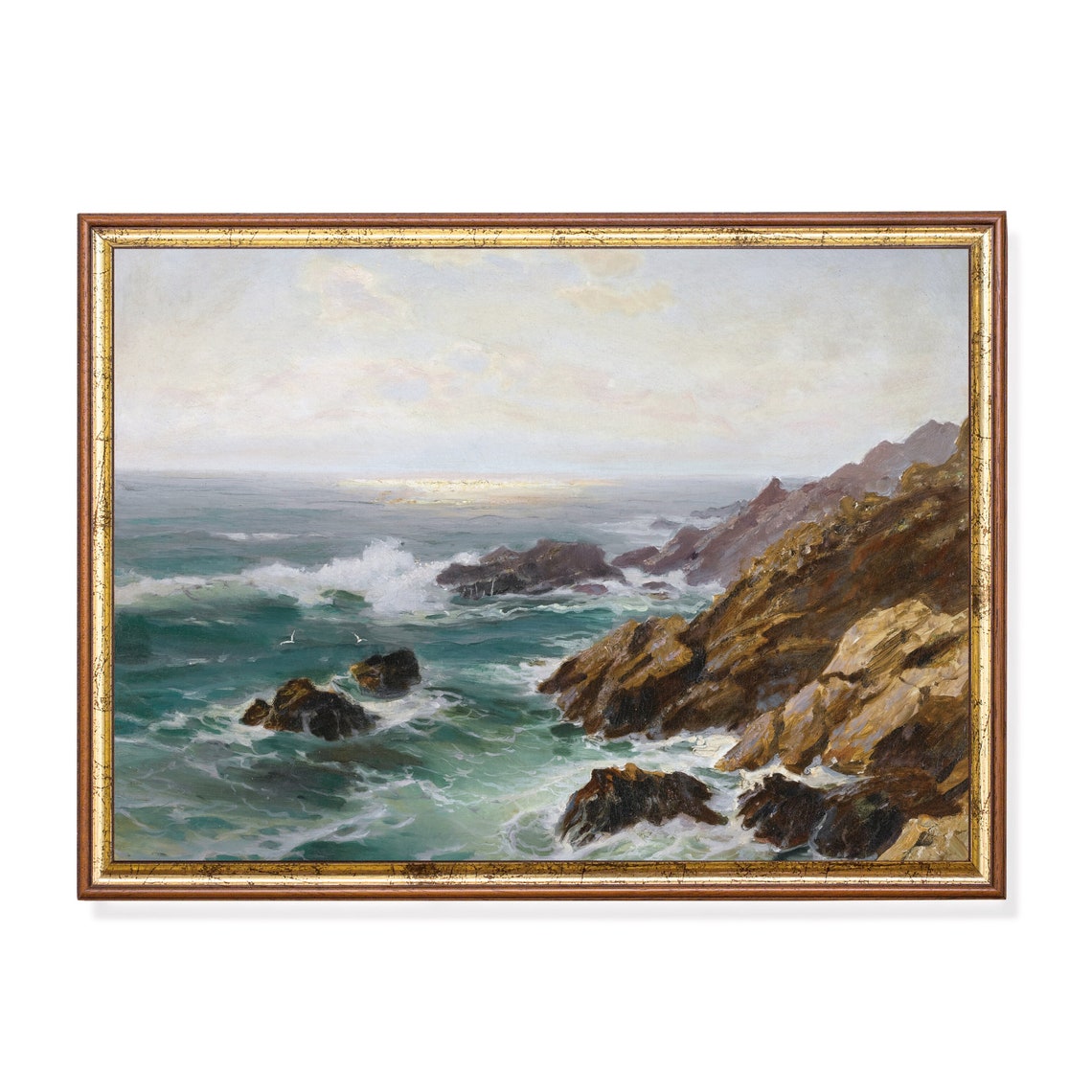 Waves Crashing on a Rugged Rocky Coastline with Seagulls Poster