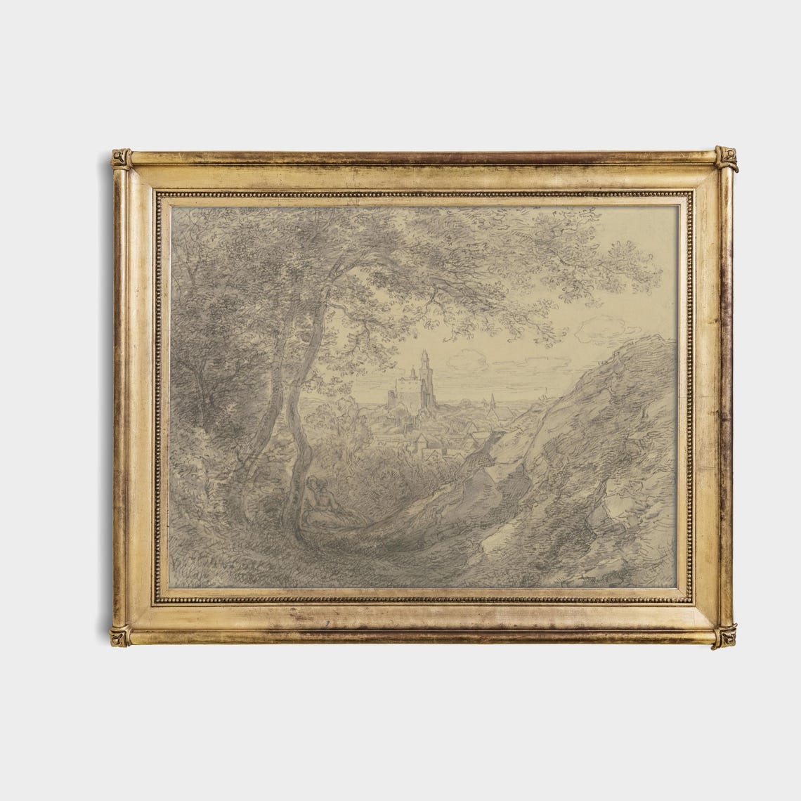 Hillside View Of An Old Town Through Trees Vintage Sketch Poster - Image 4
