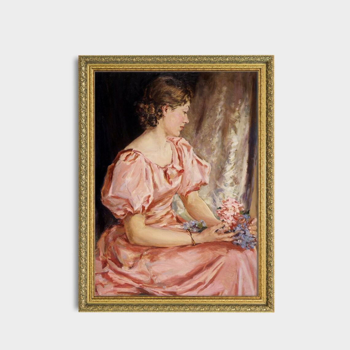 Young Woman in a Flowing Pink Dress Holding Flowers Portrait Poster - Image 3