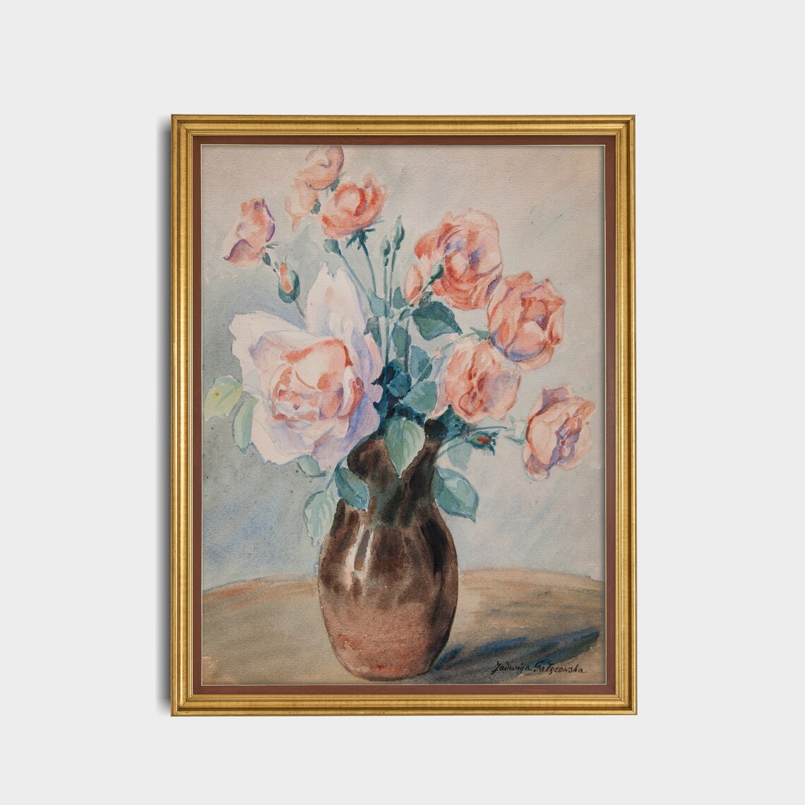 Blush Roses in Brown Vase Watercolor Floral Still Life Poster - Image 4