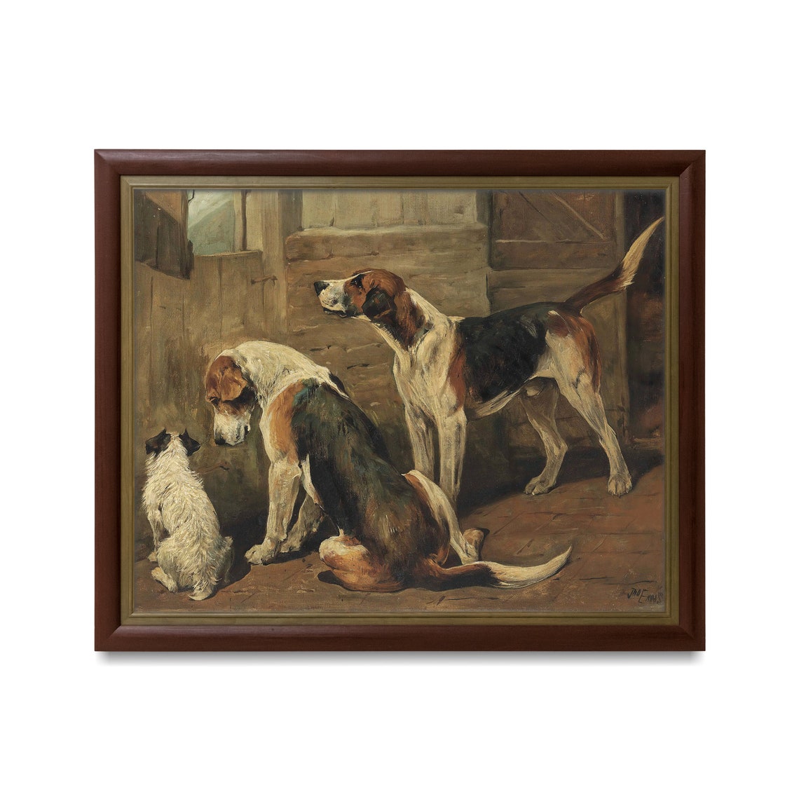 Two Foxhounds and Terrier in Stable Antique Dog Painting Poster - Image 4