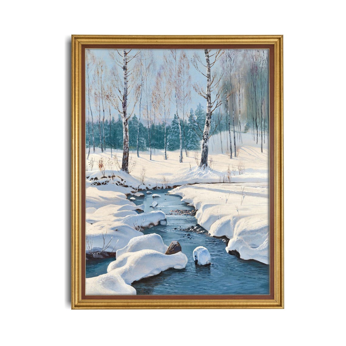 Winter Stream Through A Snowy Birch Forest Vintage Art Poster - Image 4