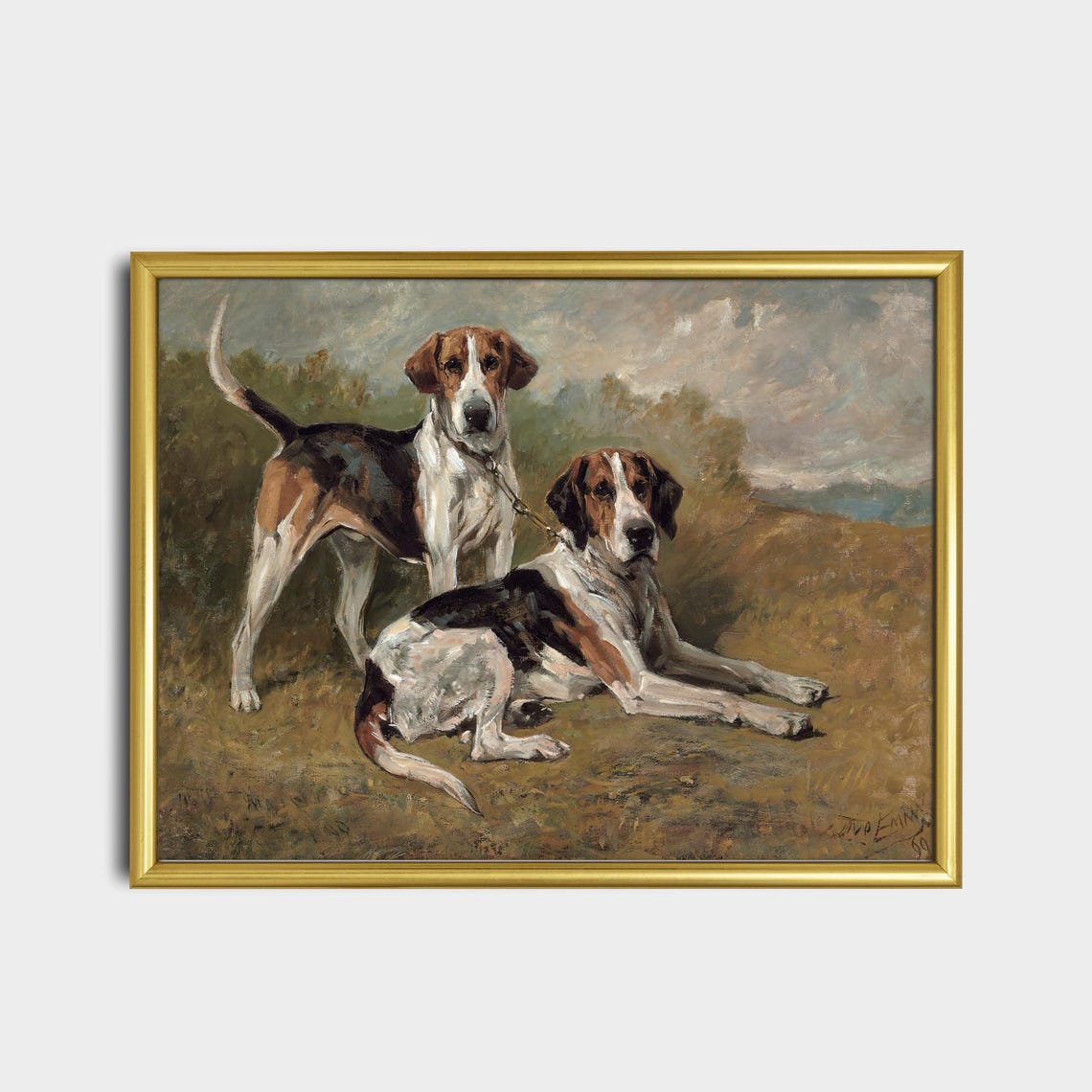 Two Foxhounds Resting in a Field Antique Sporting Dog Portrait Poster - Image 2