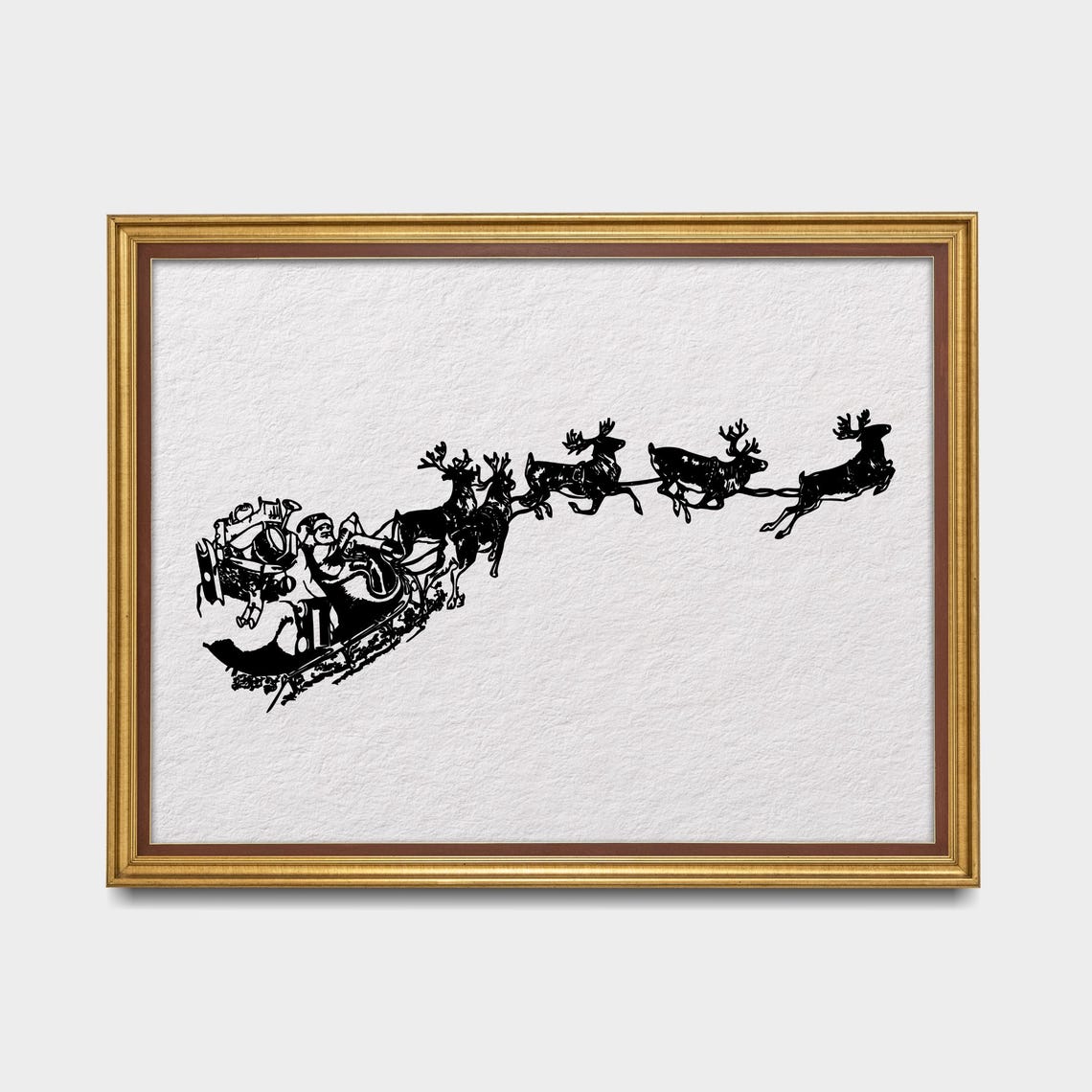 Santa Sleigh Reindeer Silhouette Black Ink Christmas Art Poster - Image 5
