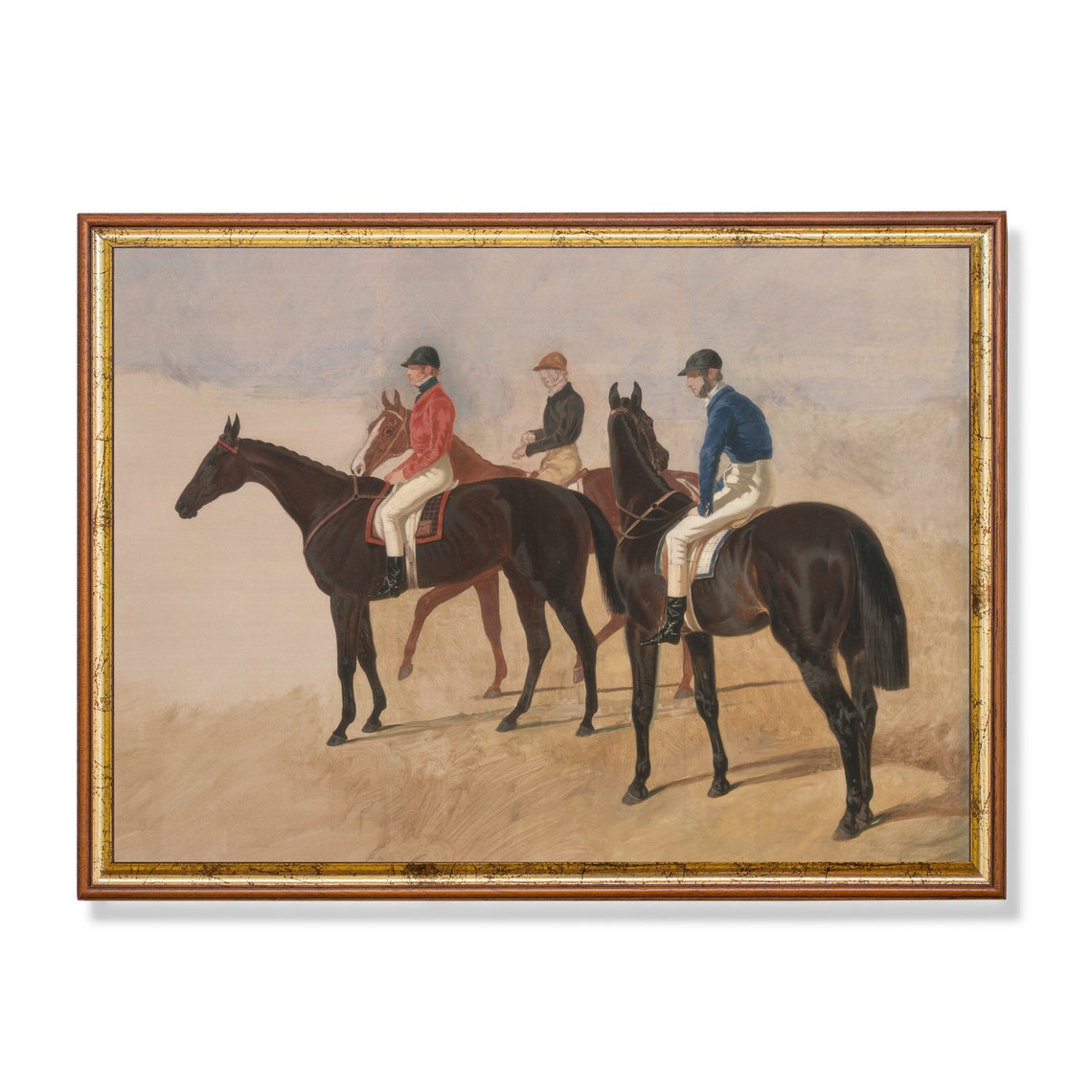 Three Jockeys on Racehorses Walking the Track Together Poster