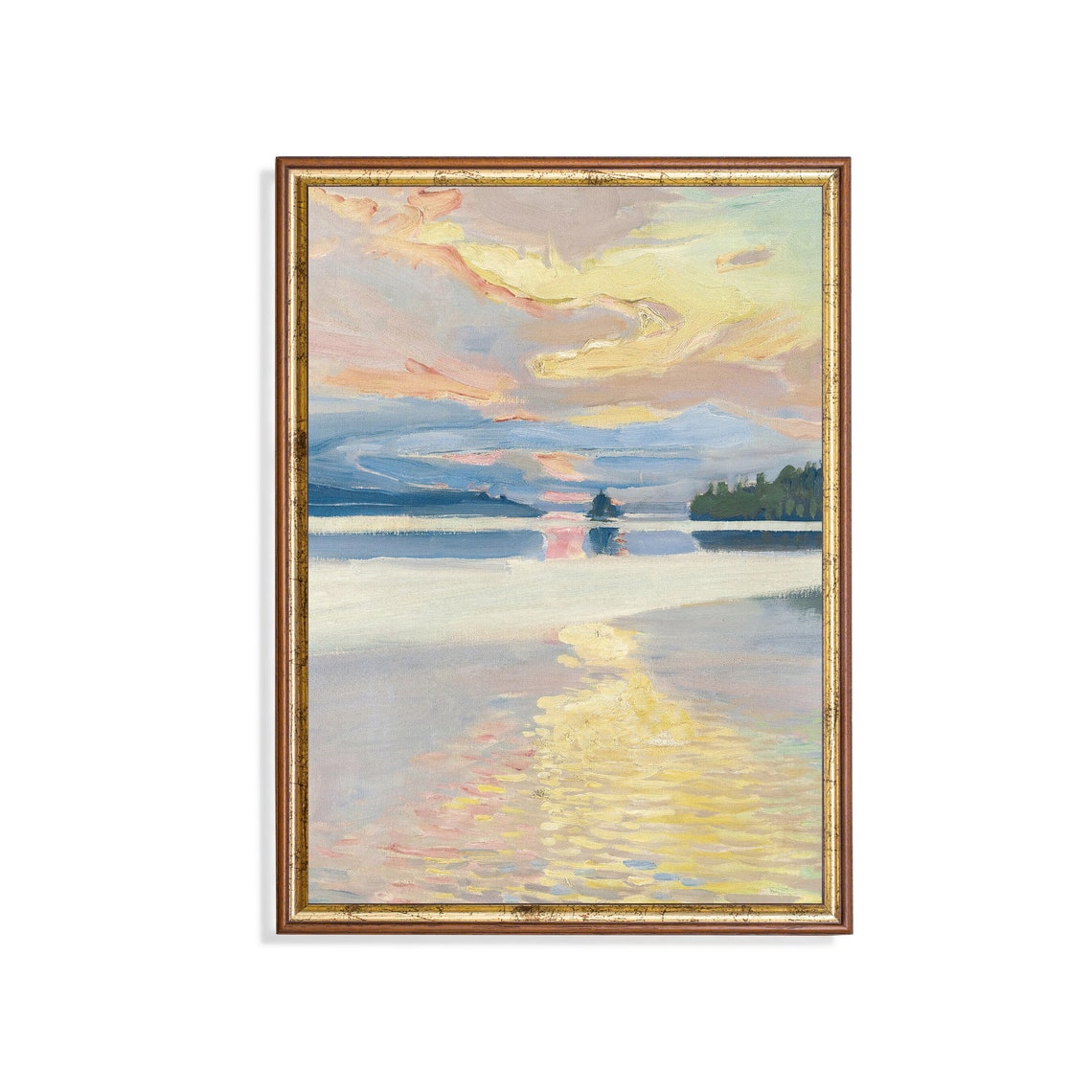 Pastel Sunset Over a Still Lake with Island Silhouette Poster
