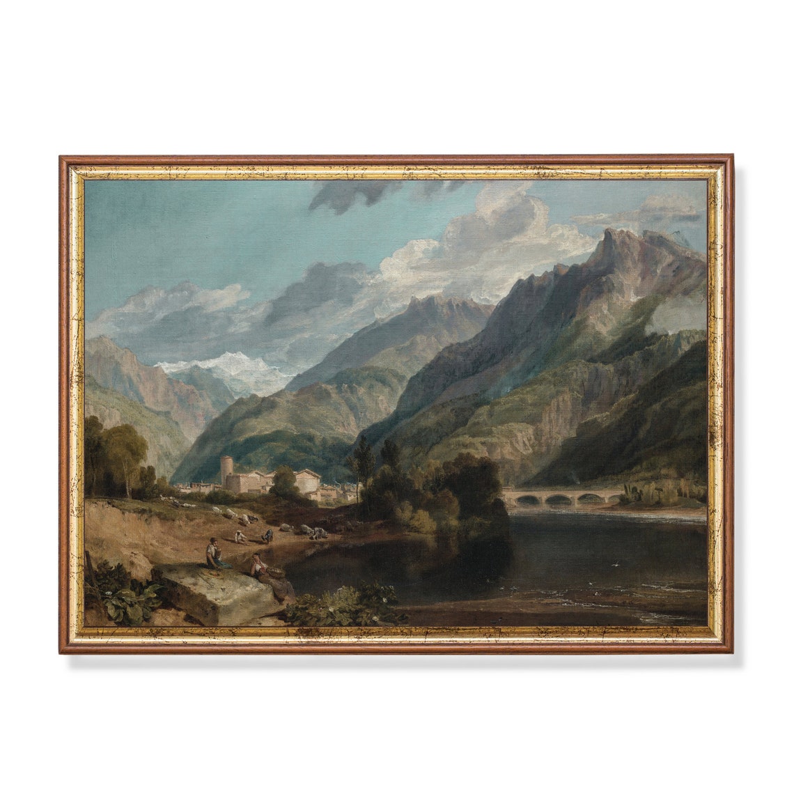 Alpine Village with Stone Bridge and River in Mountain Valley Poster