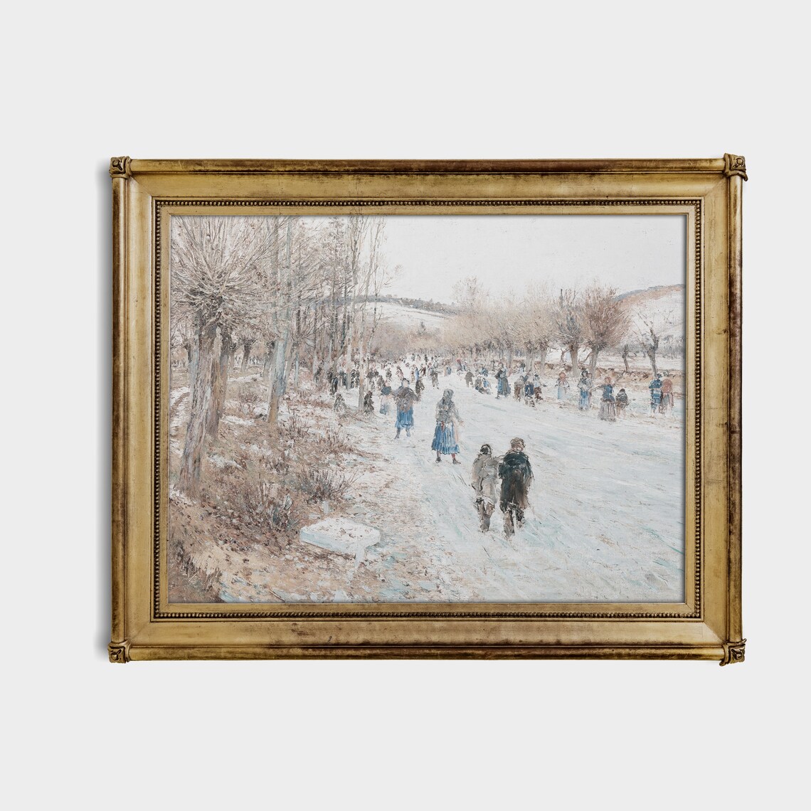 Villagers Walking On Snowy Road Antique Winter Village Poster - Image 4