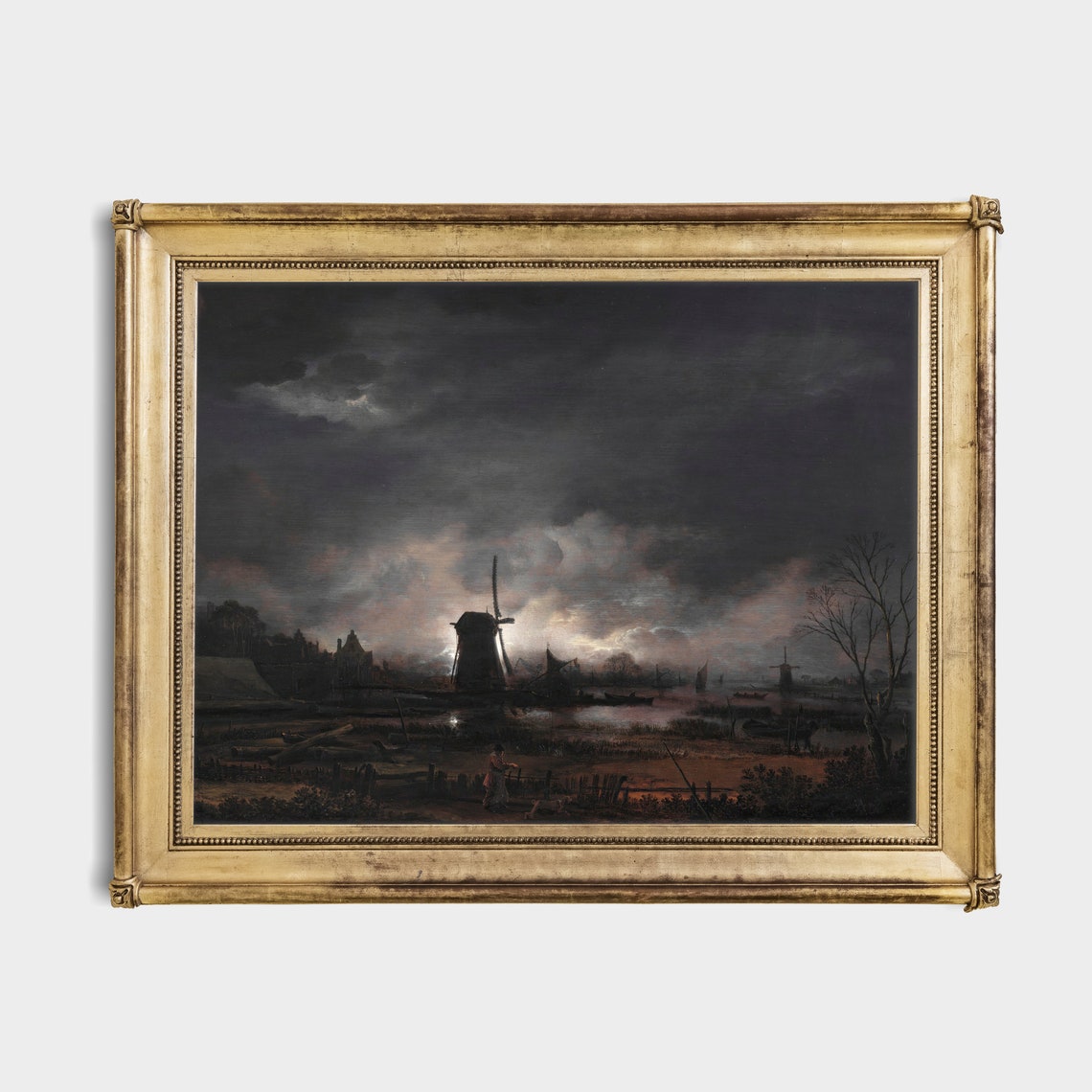 Printed And Shipped Vintage Moonlight Painting Moonlight Landscape With Windmill Moody Rustic Print Dark Academia Physical Prints - Image 2