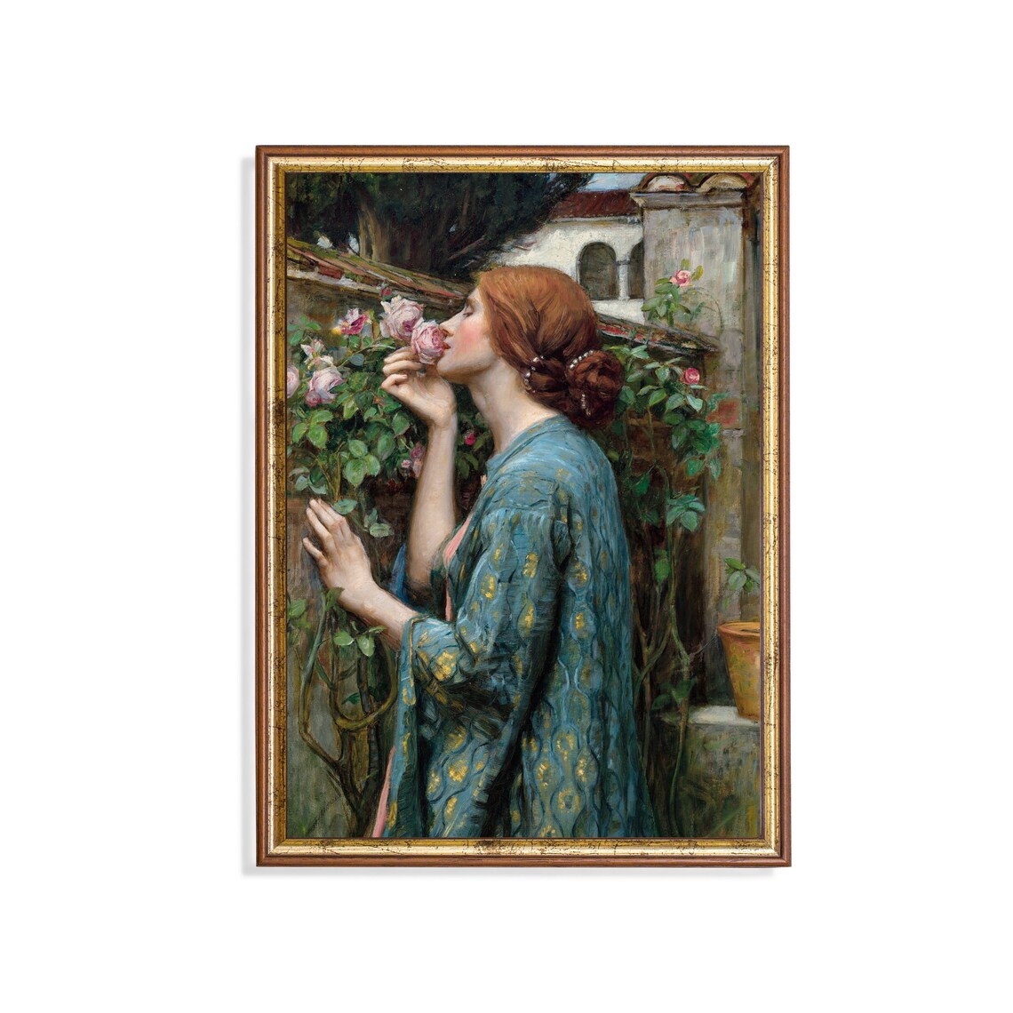 Woman Smelling Roses in a Garden Vintage Pre-Raphaelite Style Art Poster