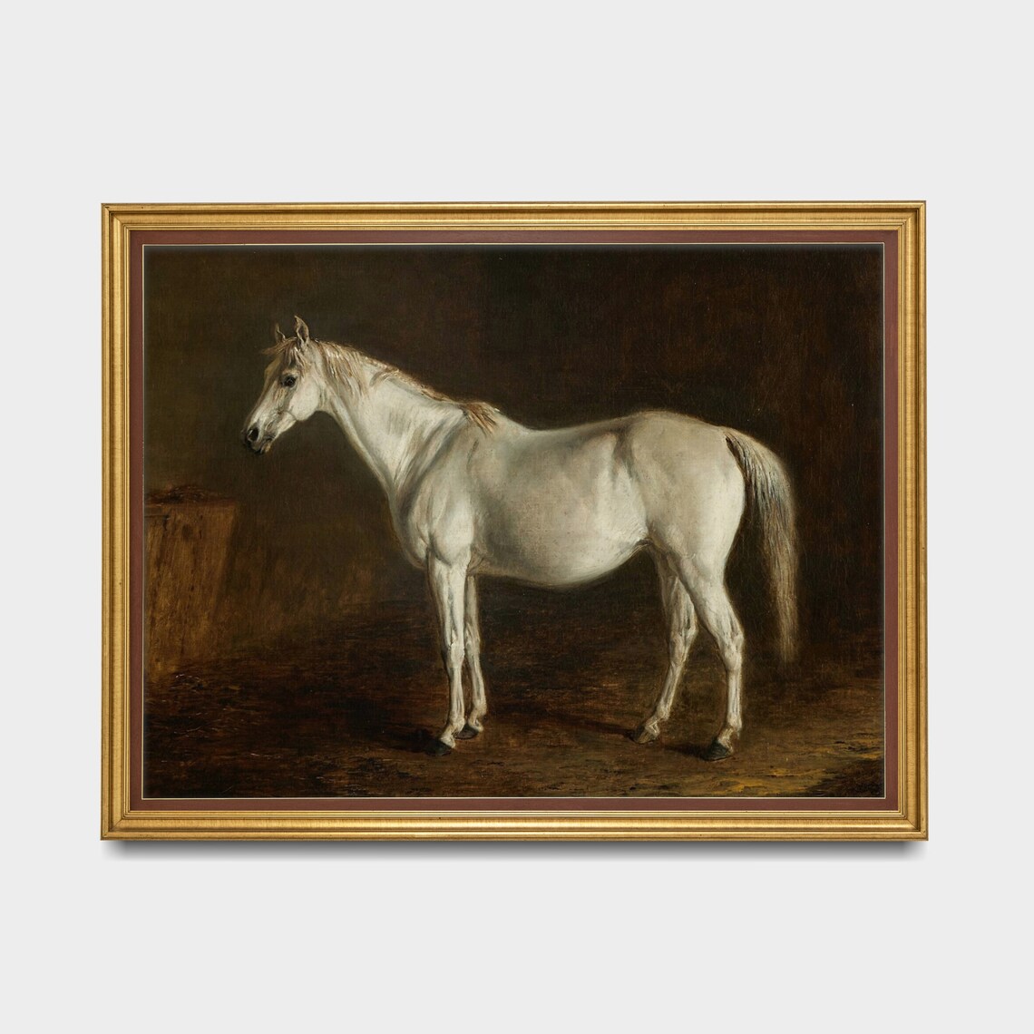 White Horse Standing in a Dark Stable Moody Vintage Oil Poster - Image 3