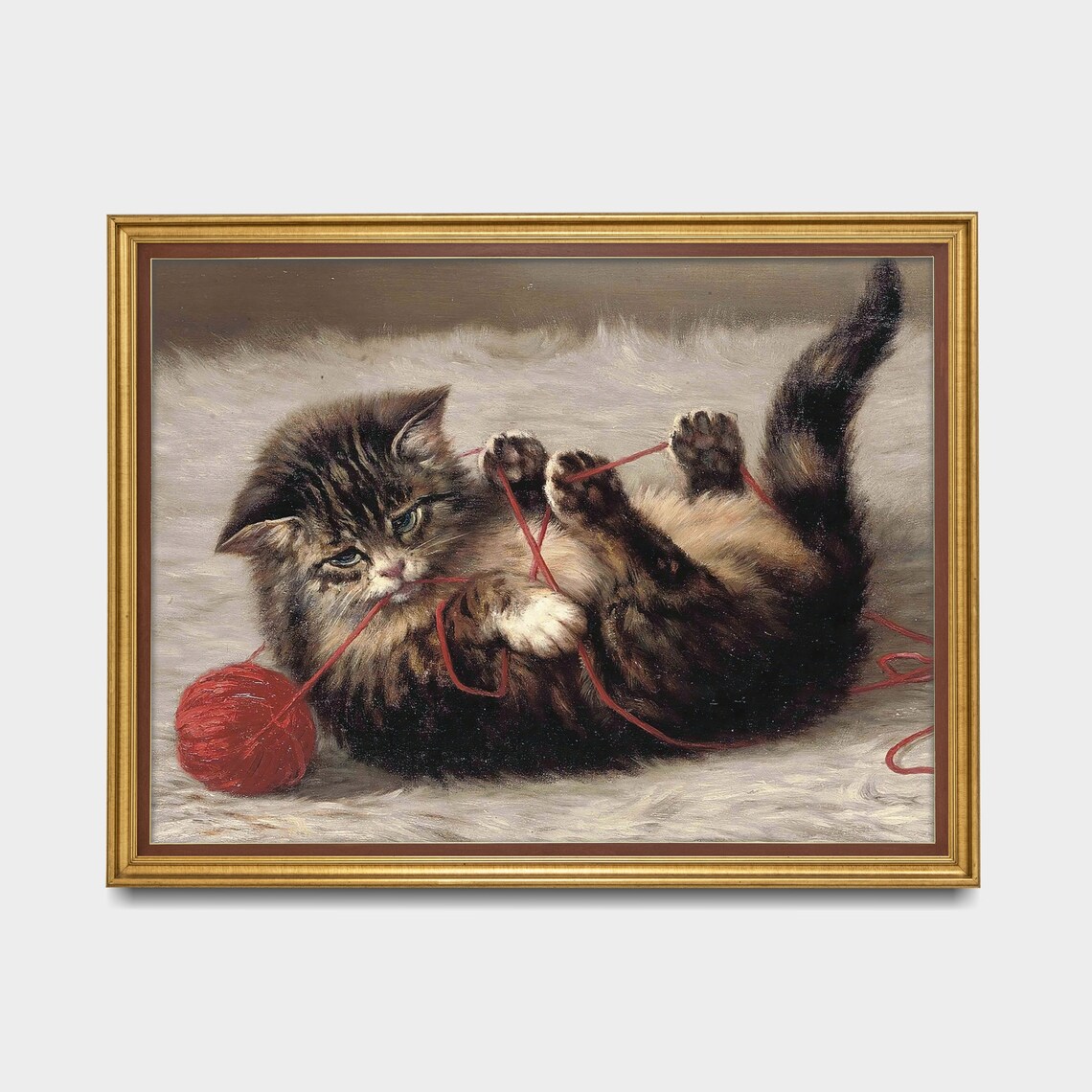Tabby Kitten Playing With a Red Ball of Yarn Vintage Cat Painting Poster - Image 3